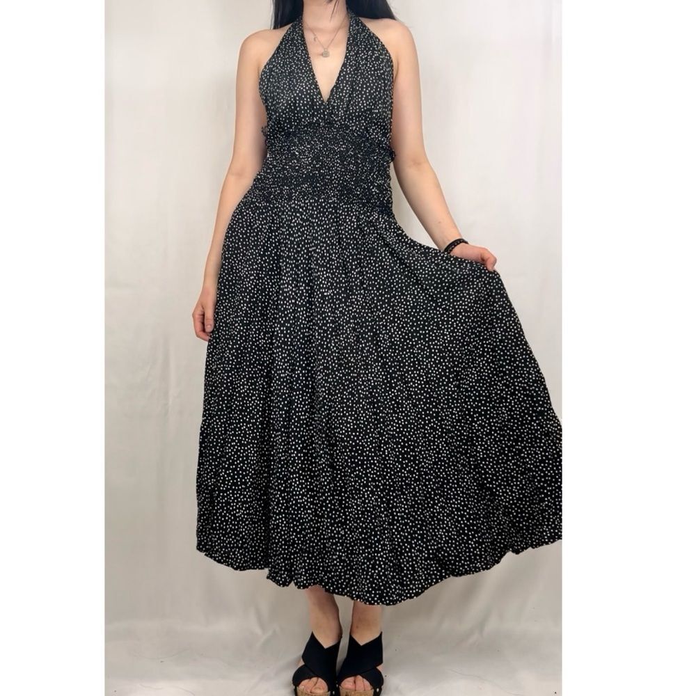 Vintage t.edwards Black and White Polka Dots Halter Neck Backless Full Dress